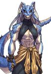  anthro black_sclera breasts clothing female halter hi_res jacket_on_shoulders lizard lizard_tail muscular muscular_anthro muscular_female pupils reptile scalie simple_background slit_pupils solo standing under_boob virgoart white_background yellow_eyes 