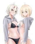  2girls ahoge alternate_costume antenna_hair azur_lane bangs bataan_(azur_lane) bikini black_bikini blonde_hair blue_eyes breasts cleavage closed_mouth commentary_request cowboy_shot cropped_hoodie drawstring grey_hoodie groin hair_between_eyes highres hood hood_down hoodie horns jakqbigone kinu_(azur_lane) long_sleeves looking_at_viewer medium_breasts medium_hair multiple_girls navel oni_horns short_hair shrug_(clothing) sidelocks simple_background smile standing stomach swimsuit white_background white_bikini yellow_eyes 