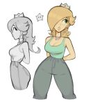  1girl arms_behind_back ass bare_shoulders blonde_hair blue_camisole blue_eyes breasts camisole choker cleavage crown earrings emilio_vargas eyelashes hair_over_one_eye highres jewelry long_hair looking_to_the_side luma_(mario) mario_(series) multiple_views pants rosalina star_(symbol) star_earrings sweatpants white_background 