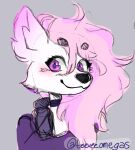  ambiguous_gender anthro canid canine choker clothing fur hair headshot_portrait jewelry mammal necklace pink_hair portrait purple_eyes solo solo_focus teeveeomegas white_body white_fur 