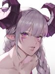  1girl braid dungeon_and_fighter grey_hair highres horns long_hair looking_at_viewer mumu914 pointy_ears portrait purple_eyes purple_horns simple_background solo twin_braids upper_body white_background 