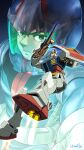  1boy absurdres amuro_ray arm_shield artist_name beam_rifle blue_bodysuit bodysuit brown_eyes brown_hair closed_mouth commentary_request energy_gun exhaust flying from_below gachirin gun gundam hair_between_eyes highres holding holding_gun holding_weapon looking_at_viewer mecha mobile_suit mobile_suit_gundam normal_suit pilot_helmet pilot_suit robot rx-78-2 science_fiction signature spacesuit thrusters v-fin v-shaped_eyebrows weapon yellow_eyes 