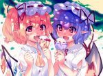  2girls :d ascot bangs bat_wings blonde_hair blurry blurry_background blush buttons character_food clothing_cutout crystal day diamond-shaped_pupils diamond_(shape) english_commentary eyes_visible_through_hair fangs flandre_scarlet flat_chest frilled_shirt_collar frills hair_between_eyes happy hat hat_ribbon highres holding_ice_cream light lisa_(faeuna) melting mob_cap multiple_girls one_side_up open_mouth pointy_ears puffy_sleeves purple_hair red_eyes red_ribbon remilia_scarlet ribbon shirt short_hair short_sleeves siblings simple_background sisters skin_fangs smile symbol-shaped_pupils tongue tongue_out touhou tree upper_body white_shirt wings yellow_ascot 