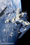  3d anaheim_electronics beam_rifle character_name cloud earth_(planet) energy_gun english_commentary english_text gundam gundam_unicorn highres in_orbit mecha michaellee4 mobile_suit no_humans outdoors planet realistic robot roundel science_fiction shield space unicorn_gundam weapon zero_gravity 