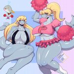  1:1 anthro big_breasts bikini blonde_hair blue_eyes blush bottomwear breasts butter_sugoi cetacean clothing female footwear grey_body hair hi_res huge_breasts long_hair looking_at_viewer mammal marine nickelodeon open_mouth pearl_krabs physeteroid pom_poms ponytail shirt skirt sling_bikini smile socks solo sperm_whale spongebob_squarepants swimwear thick_thighs toothed_whale topwear under_boob 