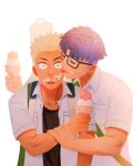  2boys bag black_tank_top blonde_hair blue_hair closed_eyes food food_on_face gaydio_zrong glasses highres holding holding_food ice_cream ice_cream_cone licking licking_another&#039;s_face male_focus multiple_boys open_clothes open_mouth open_shirt original shared_food shirt short_hair shoulder_bag simple_background tank_top tongue tongue_out undercut white_background white_shirt yaoi 