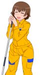  1girl bangs broom brown_hair closed_eyes commentary freckles girls_und_panzer holding holding_broom jumpsuit long_sleeves mechanic open_mouth orange_jumpsuit short_hair simple_background smile solo standing tanaka_rikimaru tsuchiya_(girls_und_panzer) uniform white_background 