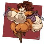  2022 absurd_res amelia_(joaoppereiraus) anthro areola artist_name big_breasts breasts brown_eyes brown_hair canid canine dipstick_ears dipstick_tail female fox gloves_(marking) gwen_geek hair hi_res huge_breasts leg_markings long_hair looking_at_viewer mammal markings multicolored_ears neck_tuft nipples signature simple_background smile socks_(marking) solo superix tail_markings thick_thighs tuft 