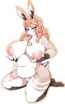  anthro big_breasts blue_eyes blush breast_grab breasts brown_body brown_fur female fluffy fluffy_tail fur genitals hand_on_breast hi_res lagomorph leporid looking_at_viewer mammal mellonsoda nipples nude orange_body orange_fur pussy rabbit simple_background smile solo thick_thighs tongue tongue_out white_body white_fur 