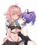  2girls absurdres ahoge animal_ears artist_name bandaid bandaid_on_face bandaid_on_nose blue_hair breasts collar ear_piercing el_xox highres holding holding_leash indie_virtual_youtuber leash melody_(projektmelody) mole mole_on_breast multicolored_eyes multicolored_hair multiple_girls navel necktie parted_lips piercing pink_hair projektmelody purple_hair simple_background somegirllexi tail underboob virtual_youtuber vshojo white_background yellow_eyes yellow_necktie yuri 