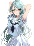  :o aqua_hair armpits arms_behind_head bang_dream! bangs blush green_eyes hair_between_eyes hanasakigawa_school_uniform hikawa_sayo long_hair looking_at_viewer pleated_skirt roko_(pe0e07) school_uniform skirt swept_bangs upper_body white_background 