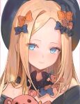  1girl abigail_williams_(fate) absurdres beret black_bow black_headwear blue_eyes blush bow closed_mouth eyelashes fate/grand_order fate_(series) forehead freng hair_bow hat highres long_hair multiple_bows multiple_hair_bows orange_bow portrait revision simple_background solo stuffed_animal stuffed_toy teddy_bear white_background 