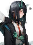  1girl absurdres arknights black_gloves black_hair black_jacket blush closed_mouth colored_skin doctor_(arknights) dusk_(arknights) gloves gradient_skin green_hair green_horns green_skin highres jacket multicolored_hair necktie pointy_ears red_eyes red_necktie shirt solo_focus tab_head two-tone_hair white_shirt 