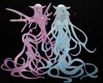  2girls animal_ears black_background blue_eyes blue_hair blue_skin closed_mouth colored_skin completely_nude gills highres looking_at_viewer monster_girl multiple_girls nude original pink_eyes pink_hair pink_skin ruteko_(ruko220) scylla simple_background slime_girl tentacles wings 