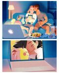  2boys ash_ketchum barefoot black_hair black_shorts blush closed_eyes comforting computer couple crying crying_with_eyes_open cup disposable_cup drinking_straw food gaydio_zrong grey_shirt highres holding holding_cup holding_stuffed_toy laptop male_focus multiple_boys object_hug original pikachu pink_hair pokemon psyduck shirt short_hair shorts sitting snorlax streaming_tears stuffed_animal stuffed_toy tears white_shirt yaoi 