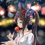  1girl animal_ear_fluff animal_ears bangs black_hair blurry blurry_background blush braid breasts candy candy_apple commentary_request flower food fox_ears fox_girl franziska_norma hair_between_eyes hair_flower hair_ornament hairclip holding holding_candy holding_food hololive japanese_clothes kimono kurokami_fubuki long_hair looking_at_viewer looking_to_the_side ponytail red_eyes red_hair red_nails sidelocks single_braid small_breasts solo tongue tongue_out virtual_youtuber white_kimono yukata 