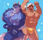  2022 5_fingers abs akiha_gongen anthro asian_mythology band-aid_on_nose biceps biped black_clothing black_hair black_nose black_speedo black_swimwear blue_background blue_body blue_eyes blue_fur blue_tail blue_tongue body_hair bulge canid canine canis chest_hair claws clothing colored duo east_asian_mythology elbow_fur eyes_closed facial_hair fingers fur goatee grey_body grey_fur grey_tail hair hat headgear headwear hi_res human humanoid_hands japanese_mythology lifewonders male mammal multicolored_body multicolored_fur multicolored_hair muscular muscular_anthro muscular_human muscular_male muscular_thighs mythology navel nipples open_mouth pecs sawch_cls simple_background speedo speedo_only swimming_goggles swimwear tan_body tan_skin tengu tindalos_(tas) tokyo_afterschool_summoners tongue tongue_out triceps two_tone_hair two_tone_tail video_games white_hair wolf yellow_clothing yellow_speedo yellow_swimwear yokai 
