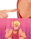  2boys absurdres blonde_hair blush clenched_teeth earrings gaydio_zrong gin_(gaydio_zrong) highres jewelry jiu_(gaydio_zrong) large_pectorals male_focus multiple_boys muscular muscular_male nipples original pectorals red_tank_top short_hair solo_focus tank_top teeth upper_body 