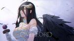  1girl ahoge albedo_(overlord) bare_shoulders black_feathers black_hair black_wings breasts cleavage demon_girl demon_horns feathered_wings feathers from_side hair_between_eyes highres horns kojo_(0124) large_breasts long_hair looking_at_viewer looking_to_the_side overlord_(maruyama) parted_lips slit_pupils smile solo upper_body white_horns wings yellow_eyes 