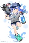  1girl aqua_footwear bangs black_shorts blue_eyes blue_hair blue_headwear full_body grey_hoodie hat holding holding_water_gun hood hoodie ink_tank_(splatoon) inkling inkling_girl leg_up long_sleeves looking_at_viewer pointy_ears shoes short_shorts shorts simple_background smile sneakers solo splatoon_(series) splatoon_2 tambarin_inoue tentacle_hair water_gun white_background 