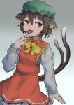  1girl absurdres animal_ears brown_hair cat_ears cat_tail chen earrings fang grey_background hakonnbo hat highres jewelry licking licking_finger multiple_tails nekomata sexually_suggestive solo tail tongue tongue_out touhou two_tails 