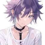  1boy blue_hair chain collar earrings frown head_tilt highres hiiragi_jun jewelry looking_at_viewer male_focus multicolored_hair onegai_my_melody potti-p purple_hair shirt short_hair solo sweat teeth wet wet_clothes wet_shirt white_background white_shirt 