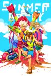  3boys anchor bamboo_grass beach bird blonde_hair brown_hair cloud day endou_mamoru english_text food goggles gouenji_shuuya headband inazuma_eleven_(series) kidou_yuuto lifebuoy multiple_boys sand sandals seagull shaved_ice short_hair short_sleeves shorts smile syrup teeth water_gun white_hair 