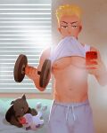 1boy animal bare_pectorals blonde_hair clothes_lift dog dumbbell exercise gaydio_zrong grey_pants highres holding holding_phone lifted_by_self male_focus muscular muscular_male navel nipples original pants pectorals phone short_hair stuffed_animal stuffed_toy stuffed_unicorn weightlifting 