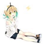  1girl :d amano_pikamee antennae black_footwear black_hairband black_shorts blonde_hair colored_inner_hair commentary_request gorilla_(bun0615) green_eyes green_hair hairband highres lightning_bolt_symbol looking_at_viewer medium_hair multicolored_hair on_floor sharp_teeth shirt shoes shorts sidelocks simple_background sitting smile sneakers socks solo t-shirt teeth upper_teeth_only v-shaped_eyebrows virtual_youtuber voms white_background white_shirt white_socks 