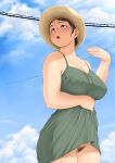 1girl :o black_hair blush breasts brown_eyes cleavage clothes_lift cloud cloudy_sky collarbone commentary_request covered_nipples dress dress_lift female_pubic_hair highres looking_up nemui333 no_panties open_mouth pubic_hair sky solo sundress 