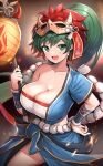  1girl :d absurdres bandages bangs blue_shirt blue_skirt blush breasts chest_sarashi cleavage collarbone commentary cowboy_shot fire fire_emblem fire_emblem:_the_blazing_blade fire_emblem_heroes gonzarez green_eyes green_hair hand_on_hip hand_up highres holding huge_breasts long_hair looking_at_viewer lyn_(fire_emblem) mask mask_on_head official_alternate_costume open_mouth ponytail sarashi shirt single-shoulder_shirt single_bare_shoulder single_sleeve skirt smile solo standing strapless tube_top very_long_hair 