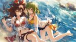  2girls absurdres alternate_costume amber_(genshin_impact) bangs bare_legs beach bikini_skirt bow_hairband brown_hair closed_mouth collei_(genshin_impact) crossed_bangs day earrings full_body genshin_impact green_hair hairband halterneck highres jewelry long_hair looking_at_viewer lying lying_on_water medium_hair multiple_girls on_back on_side outdoors parted_lips red_hairband shallow_water sidelocks single_earring smile swkl:d water 