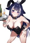  1girl absurdres ahoge alcohol animal_ears arm_tattoo black_hair black_leotard black_nails breasts chest_tattoo commentary english_commentary facial_tattoo fake_animal_ears fake_tail grin hand_on_hip heart heart_ahoge highres holding holding_tray indie_virtual_youtuber large_breasts leg_tattoo leotard long_hair looking_at_viewer lulanoon multicolored_hair nail_polish orca_girl playboy_bunny purple_eyes rabbit_ears rabbit_tail shylily smile streaked_hair tail tattoo tray virtual_youtuber white_hair wrist_cuffs 