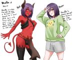  123_jakedrawing 1boy black_thighhighs bulge colored_skin crossdressing demon_boy demon_horns demon_tail english_text green_shirt highres horns long_sleeves male_focus mars_symbol medium_hair navel one_eye_closed original otoko_no_ko purple_hair red_skin shirt short_shorts shorts tail thighhighs white_shorts yellow_eyes 