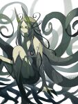  1girl animal_ears black_sclera closed_mouth colored_sclera colored_skin eyes_visible_through_hair fewer_digits green_eyes green_hair highres horns looking_at_viewer original ruteko_(ruko220) sitting socks solo tentacle_hair yellow_skin 