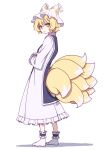  1girl absurdres animal_ears blonde_hair dress fox_ears fox_tail full_body hat highres kame_(kamepan44231) long_sleeves multiple_tails one-hour_drawing_challenge pillow_hat short_hair simple_background solo standing tabard tail touhou white_background white_dress white_headwear yakumo_ran yellow_eyes 