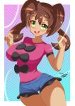  1girl alternate_breast_size breasts curvy dark-skinned_female dark_skin green_eyes highres large_breasts open_mouth plump pokemon pokemon_(game) pokemon_xy quad_tails shauna_(pokemon) short_shorts shorts solo tiger1001 