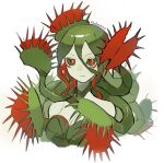 1girl alraune breasts carnivorous_plant cleavage_cutout closed_mouth clothing_cutout colored_sclera colored_skin dress green_dress green_sclera grey_skin highres large_breasts looking_at_viewer monster_girl original plant_girl red_eyes ruteko_(ruko220) simple_background solo strapless strapless_dress tentacle_hair upper_body white_background 
