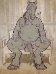  anthro balls bed chastity_device equid equine furniture genitals hooves horse horseshoe male mammal mulefoot nipple_piercing nipples penis piercing sleeping slightly_chubby solo 