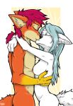  4_fingers arctic_fox bad_guy_cafe blue_hair blush breasts canid canine couple_(disambiguation) duo embrace female fingers fire_(firefox) fox fur hair hug ice_ravdottir_(firefox) kissing male mammal orange_body orange_fur purple_hair white_body white_fur yellow_body yellow_fur ziegelzeig 