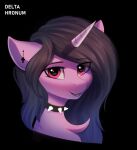  black_background blue_hair chest_tuft collar delta_hronum digital_media_(artwork) ear_piercing equid equine female feral goth hair hasbro hi_res highlights_(coloring) horn izzy_moonbow_(mlp) long_hair looking_at_viewer mammal mlp_g5 my_little_pony piercing portrait purple_eyes simple_background smile spiked_collar spikes tuft unicorn unicorn_horn 