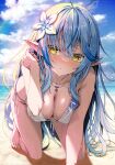  1girl ahoge all_fours arm_support bangs barefoot beach bikini blue_hair blush breasts cleavage closed_mouth cloud cloudy_sky colored_tips day elf flower front-tie_bikini_top front-tie_top hair_between_eyes hair_flower hair_ornament hololive jewelry kubota_masaki large_breasts long_hair looking_at_viewer multicolored_hair necklace ocean outdoors pointy_ears side-tie_bikini_bottom sky solo streaked_hair swimsuit very_long_hair virtual_youtuber white_bikini white_flower yellow_eyes yukihana_lamy 