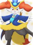  ambiguous_gender anthro blush braixen canid canine clothing eiroru fox fur generation_6_pokemon hat headgear headwear hi_res inner_ear_fluff mammal nintendo orange_eyes pokemon pokemon_(species) solo top_hat tuft video_games yellow_body yellow_fur 