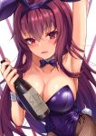  1girl animal_ears armpits bottle bow bowtie breasts cleavage detached_collar fake_animal_ears fate/grand_order fate_(series) gae_bolg_(fate) hairband highleg highleg_leotard highres large_breasts leotard official_alternate_costume parted_lips playboy_bunny purple_bow purple_bowtie purple_hairband purple_leotard rabbit_ears scathach_(fate) scathach_(piercing_bunny)_(fate) solo strapless strapless_leotard wine_bottle wrist_cuffs zacky 