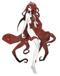  1girl barefoot closed_mouth colored_sclera colored_skin completely_nude highres long_hair looking_at_viewer monster_girl nude original red_eyes red_hair red_sclera red_skin ruteko_(ruko220) simple_background solo tentacles very_long_hair white_background white_skin 