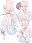  2boys absurdres angel angel_wings black_hair blue_eyes blush chain chastity_belt collar cuffs halo handcuffs highres key leash long_sleeves looking_at_viewer male_focus multiple_boys niufog original pink_eyes pink_hair shirt short_hair white_background white_shirt wings yaoi 