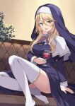  1girl bangs blonde_hair blush breasts cup drinking_glass engage_kiss garter_straps green_eyes habit highres large_breasts long_hair looking_at_viewer nun open_mouth rasahan sharon_holygrail shiny shiny_hair sitting smile solo swept_bangs thighhighs wine_glass 