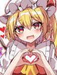  1girl :d adapted_costume ascot blonde_hair blush breasts fang flandre_scarlet frilled_shirt_collar frilled_sleeves frills hair_between_eyes happy hat head_tilt heart heart_hands highres kiui_(dagk8254) looking_at_viewer medium_hair mob_cap open_mouth outline puffy_short_sleeves puffy_sleeves red_eyes red_outline red_vest shiny shiny_hair shirt short_sleeves side_ponytail simple_background small_breasts smile solo touhou vest white_background white_headwear white_shirt yellow_ascot 
