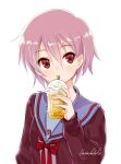  1girl artist_name bangs blue_sailor_collar brown_cardigan brown_eyes cardigan cup disposable_cup drink drinking drinking_straw_in_mouth expressionless hair_between_eyes highres holding holding_drink kita_high_school_uniform letterboxed long_sleeves looking_at_viewer nagato_yuki nanabuluku open_cardigan open_clothes photo_background purple_hair red_ribbon ribbon sailor_collar school_uniform serafuku short_hair simple_background solo suzumiya_haruhi_no_yuuutsu upper_body watermark white_background 