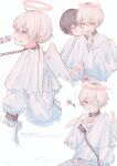  2boys absurdres angel angel_wings bar_censor black_hair blue_eyes blush censored chain chastity_belt collar cuffs halo handcuffs highres key leash long_sleeves looking_at_viewer male_focus multiple_boys niufog original penis pink_eyes pink_hair shirt short_hair white_background white_shirt wings yaoi 